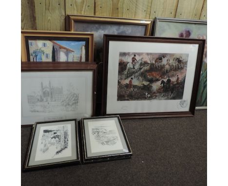 Eileen Hodder, 20th century, view of Long Melford, oil on board, together with David Hawker, local views, a signed limited ed