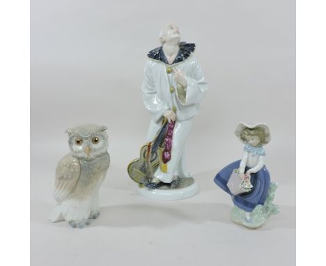 A Karl Ens porcelain figure of a clown, 34cm tall, together with a Lladro figure of a girl and a Nao model of an owl