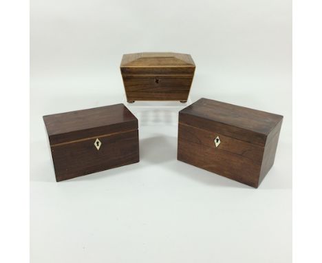 A Regency rosewood tea caddy, of sarcophagus form, 19cm, together with two other caddies