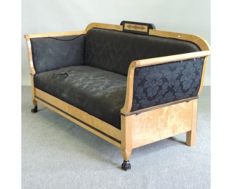 An early 20th century French satin walnut and black upholstered double drop end sofa, of Biedermeier style, 200cm