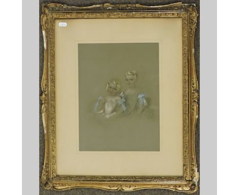 English School, 19th century, portrait of two children, pencil and watercolour, oval, 25 x 34cm