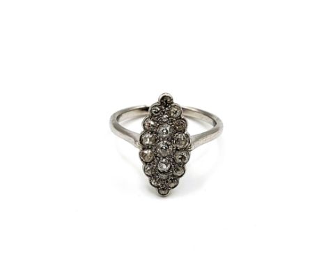 A platinum diamond old mine cut round brilliant mill grain boat shaped (marquise) ring size K. 3.8gms. Boxed.