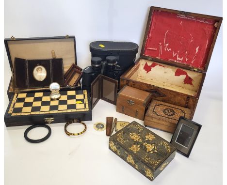 A collection of wooden boxes, a small cased chess set, a framed portrait, two musical wooden boxes, miniature frames, tweezer