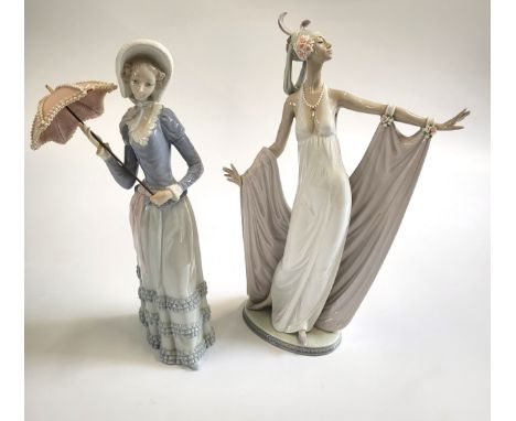 Lladro girl with parasol 32cm (one hand repaired, one finger missing), and a dancer 34cm. (2) 