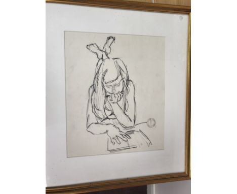 A portrait of the artist Nicola Beaning mounted, glazed and in a gold frame by Richard Conway-Jones. 53cm x 46cm