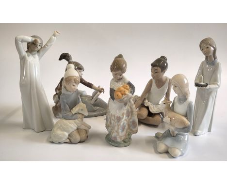 Four Lladro figures of girls 16cm to 21cm, Nao seated girl 16cm, a Spanish Zraphin figure of a girl 20cm, and a porcelain fig