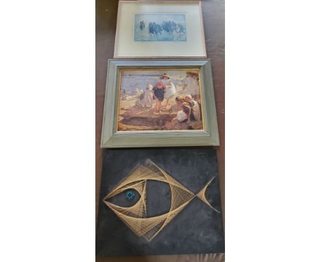 A 1970's gold thread art of a fish with blue eye 41cm x 51cm, 'Water' by B Fitzwilliams 41cm x 51cm and a lithograph of&nbsp;