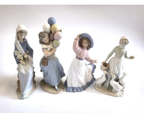 Lladro girl balloon seller 27cm, and seated maiden 24cm; Nao girl dancer 23cm, and an Italian figure of a girl with three gee