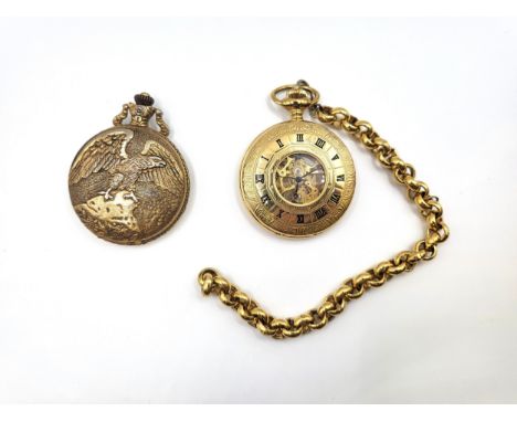 Two gilt fob watches, one Rotary with chain Roman numerals on front casing and foliage decoration on rear casing, the other a