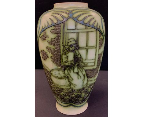 An Art Nouveau Dutch Distel (Pre Gouda) pottery vase, incised with Children Sewing and playing with a Pond Yacht boat, within