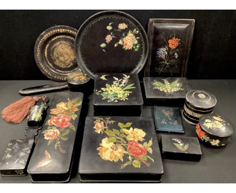 19th century/20th century lacquered ware including; floral print boxes, plates, lidded pots, wall pocket, glasses case; etc 