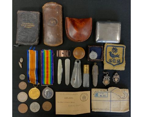 A World War I, medal pair, Victory and Civilization medals to PTE F Binns, 12-1139, Yorks &amp; Lanc R , original box and iss