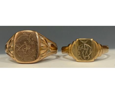 A 9ct gold signet ring, Chester 1912, size R, 5.7g;  another smaller stamped 9ct, 2.5 (2) 