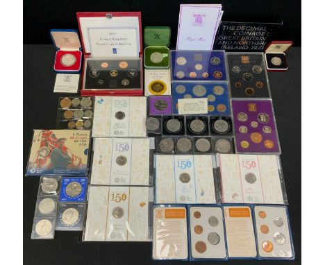 Coins &amp; Tokens -  1991 decimal seven coin one penny to one pound set, others 1970. 1971, 1982;  four £5.00 coins, five Be