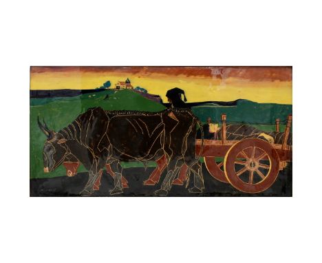 Dipinto su ceramica. Datato 1927.Â&nbsp;Cm 40x20.Painted on ceramic. Dated 1927. Cm 40x20.