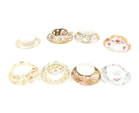 A selection of eight 19th century tea cups and matching saucers, to include a circa 1800 Newhall cup and saucer hand-painted 
