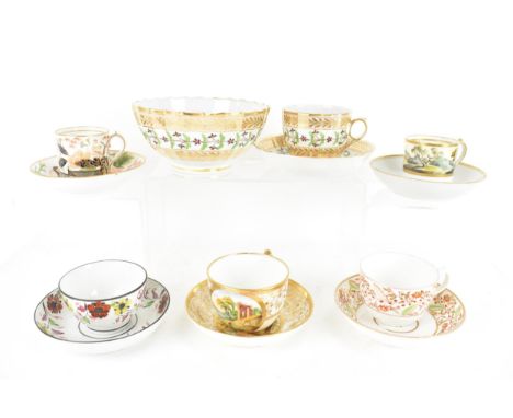 A selection of six 19th century Masons cups and saucers and a bowl, to include a hard paste cup and saucer, hand-painted with