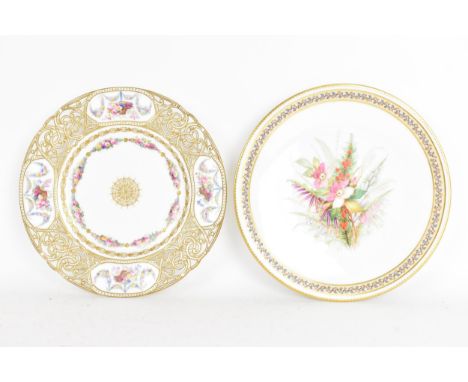 Two cabinet plates to include a Copeland plate circa 1860s with pierced basket weave border 'jewelled' and picked out in tool