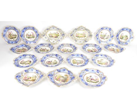 A 19th century porcelain dessert service, possibly by H&R Daniel, each piece hand-painted with central panels depicting exoti
