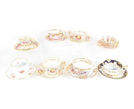 A selection of 19th century tea cups and matching saucers, to include a circa 1815 Coalport cup and saucer painted with roses