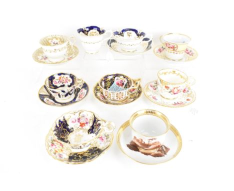 A selection of 19th century tea cups and matching saucers, to include a Rockingham trio, a circa 1810 Chamberlain Worcester c