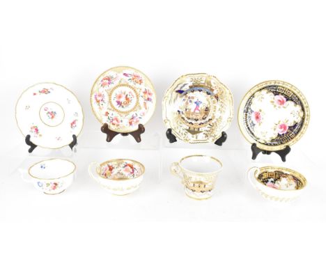 A selection of four 19th century tea cups and matching saucers, to include a circa 1847-50 Chamberlains Worcester chinoiserie