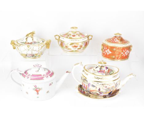 Two early 19th century Masons teapots and three sucrier pots to include a teapot and stand painted in the Japanese style with