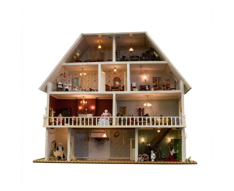 Großes Puppenhaus, 20 Jh. Holzkorpus mit Dach und offener Front, 4 Stockwerke mit zahlreichen Zimmern, 3 Kellerräume, Treppen