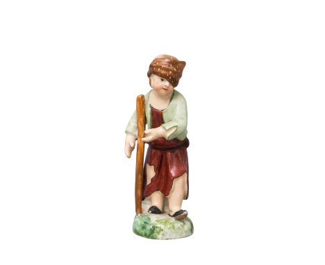 KPM Berlin Miniaturfigur 'Kleiner Bettler', 1837-1844 Bettelnder Junge mit Stab und Augenbinde auf rundem Sockel, Modell-Nr. 
