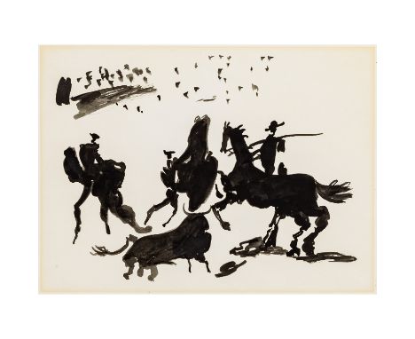 PICASSO, Pablo, NACH (P.P.: 1881-1973), "Toros y Toreros", Stierkampfszene, lavierte Tusche/Papier, HxB: Blatt ca. 38,5x50,5 