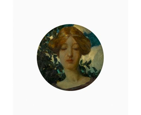 GÖHLER, Hermann, ATTRIBUIERT (1874-1959, Prof.), "Bildnis E. v. H. St.", Portrait einer jungen Dame vor Zweigen und blau-weiß