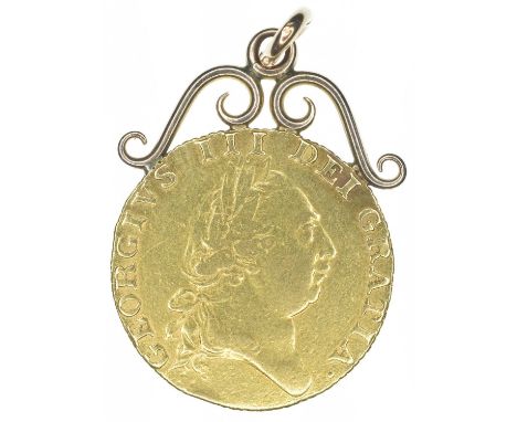 King George III, Guinea, 1787, Fifth laureate head r. R. 'Spade'-shaped shield, edge milled, gold, S.3729, F, mounted, overal