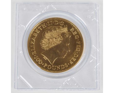 Queen Elizabeth II, 2013 Gold 1oz Britannia, 100 Pounds, struck in .9999 gold, with obverse portrait by Ian Rank-Broadley, R.