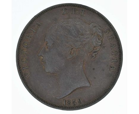 Queen Victoria, Penny, 1859, Young head l. date below R. Britannia seated r. copper, S.3948, aEF.