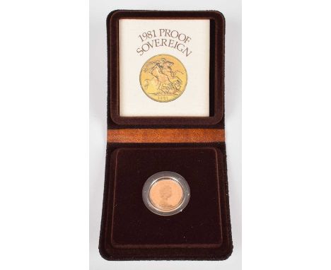 1981 Royal Mint, Proof Sovereign, weight 7.988g, diameter 22.12mm, struck in 22 carat gold, with obverse portrait by Arnold M