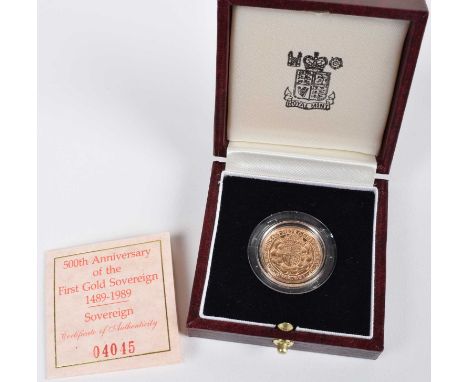 1989 Royal Mint, Proof Sovereign, weight 7.98g, diameter 22.05mm, struck in 22 carat gold, 500th Anniversary of the First Gol