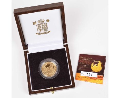 A Royal Mint 2005 Gold Proof Britannia, Twenty-five pounds, Obverse portrait by Ian Rank-Broadley R. Seated figure of Britann