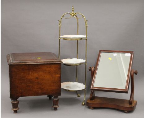 A Victorian toilet mirror, a commode and a brass and porcelain three-tier cake stand.
