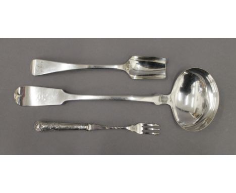 A George IV silver stilton scoop spoon, a silver handled pickle fork and an antique plated ladle.