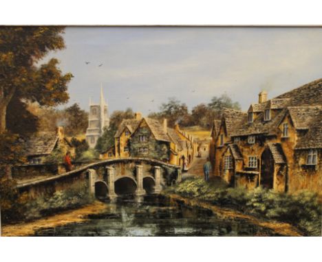 K DOUGLAS (20th century), Bridge Over a River, oil on canvas, framed. 59 x 39 cm.