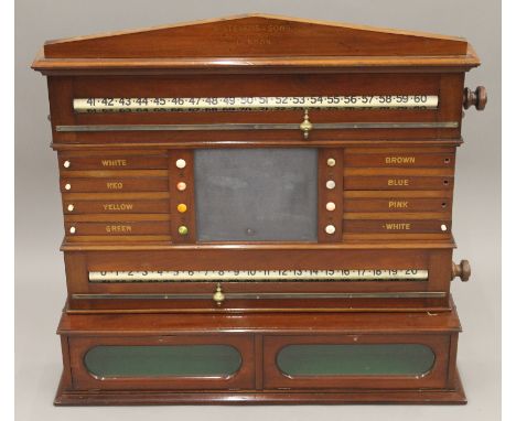 A Victorian/Edwardian mahogany billiards/snooker scoreboard by R Stevens & Sons London. 89 cm wide.Provenance - Little Haugh 