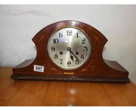 Carved Wood Cased Mantel Clock with Inlay 