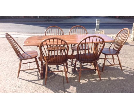 Rectangular Ercol Dining Table with 6x Matching Stick Back Chairs 