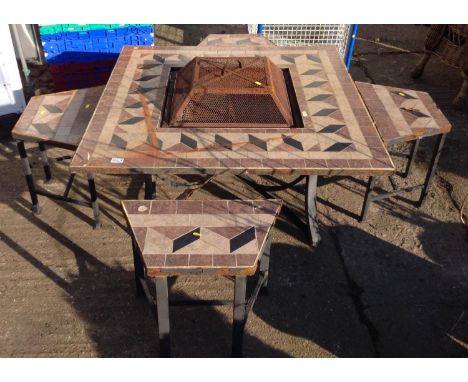 Tile Topped Square Garden Table with 4 Matching Stools and Central BBQ 