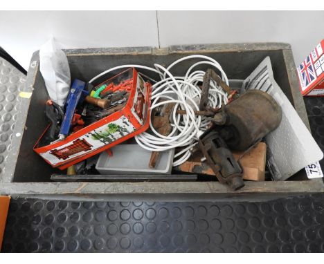 Wooden Box and Contents - Tools, Cable etc 