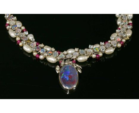 A Continental white gold black opal triplet, aquamarine, diamond and cultured freshwater pearl necklace, a centrepiece compos