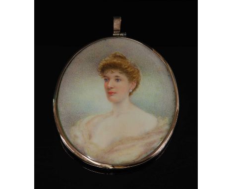 An Edwardian painted watercolour miniature portrait, of a lady in a white gown wearing pearl earrings. Glazed to both sides i