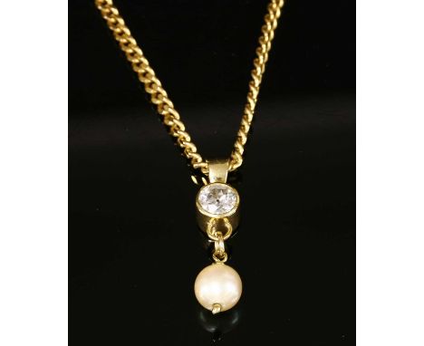 A diamond and cultured pearl pendant, with a brilliant cut diamond, rub set in a plain yellow collet, with a fully drilled cu