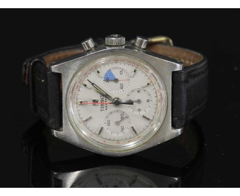 A gentlemen's stainless steel Tissot S eastar Chronograph automatic strap watch, c.1970, with a finely brushed tonneau case, 