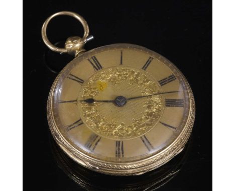 An 18ct gold key wound open-faced pocket watch, 40mm diameter, with a gold engine turned and hand engraved dial with black Ro